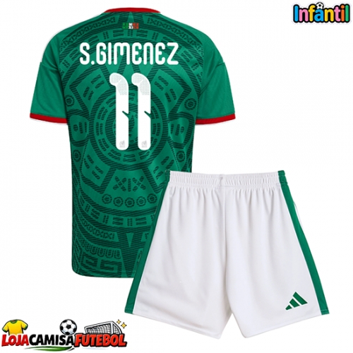 Camisa de Futebol México Santiago Gimenez #11 Equipamento Principal Infantil Mundo 2026 Manga Curta (+ Calças curtas)